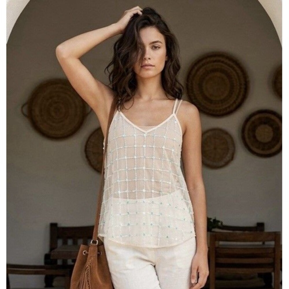 RUE 21 Cream Sequin Cami Top Y2K Fairy Boho Size M Sheer Mesh Racerback